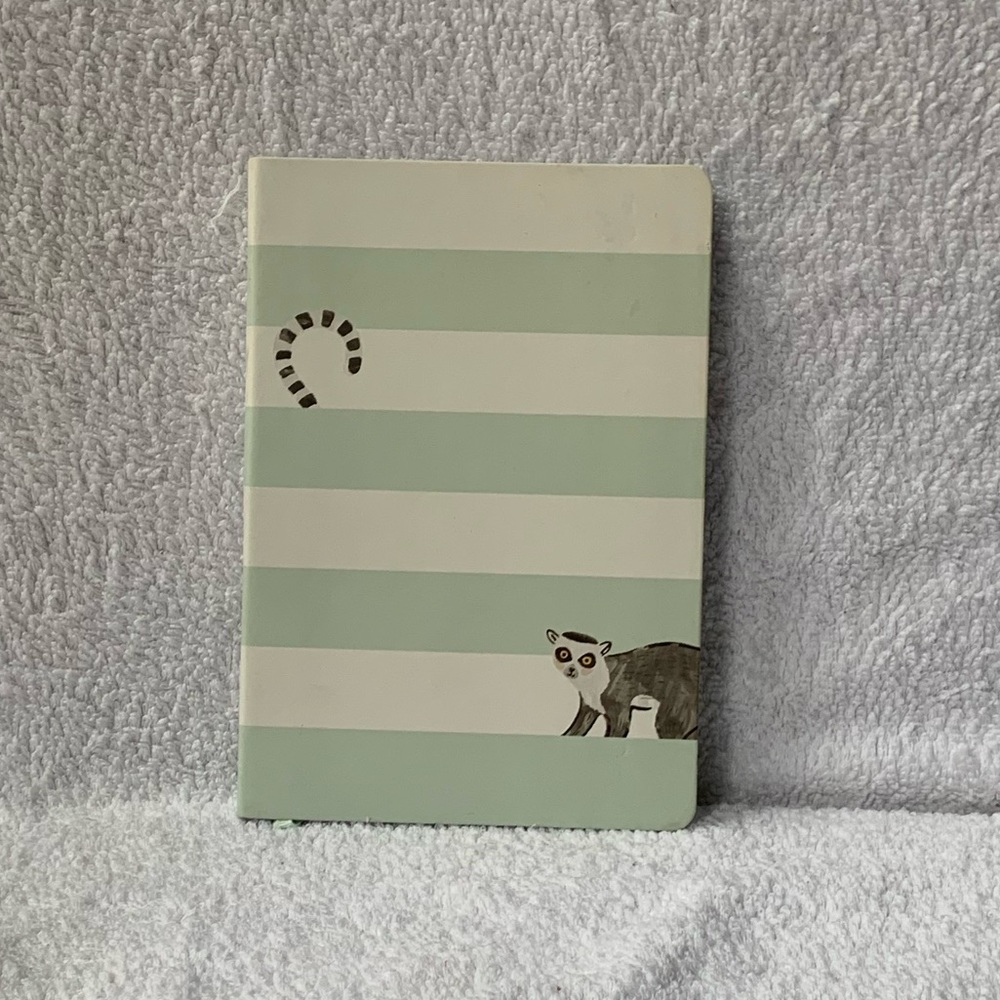 Indigo Striped Green and White Notebook with Lemur Design